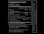 A black square graphic displaying the DRIFT supplement facts label with white text, listing ingredients such as magnesium, L-theanine, saffron extract, and lactiplantibacillus. A vertical warning note appears on the right side.