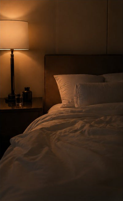 A warmly lit bedroom scene showing a bed with white bedding, a dark upholstered headboard, a bedside table, and a glowing table lamp against a dim wall.