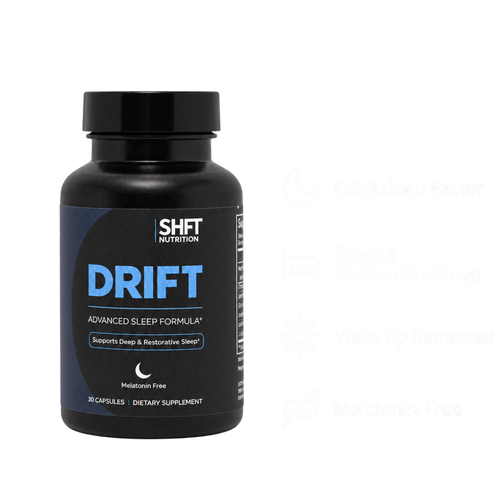 DRIFT Advanced Sleep Formula by SHFT Nutrition, a melatonin-free 30-capsule bottle, with icons for falling asleep faster, deep and restorative sleep, and waking up refreshed