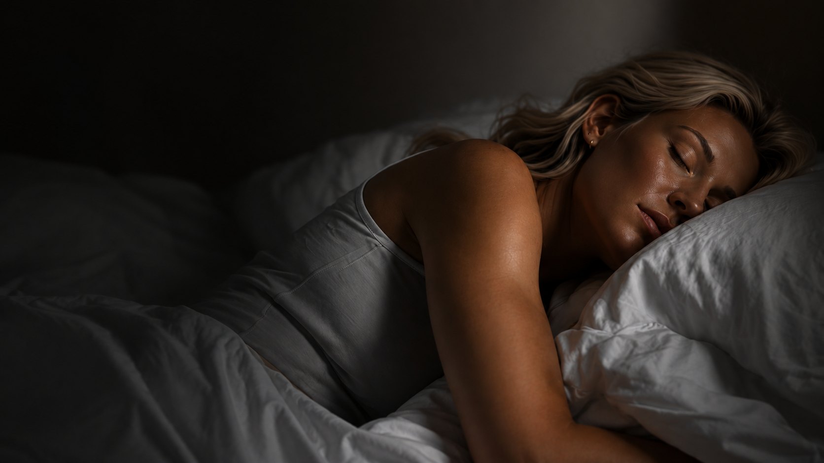 A woman sleeping soundly in bed, wrapped in white bedding, captured in a dark, moody bedroom setting.