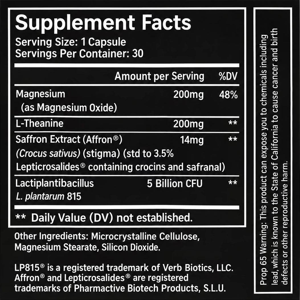 DRIFT Supplement Facts. Serving size 1 capsule, 30 servings per container. Magnesium 200 mg, L-Theanine 200 mg, Saffron extract (Affron) 14 mg, Lactiplantibacillus plantarum 815 5 billion CFU. Prop 65 warning included.